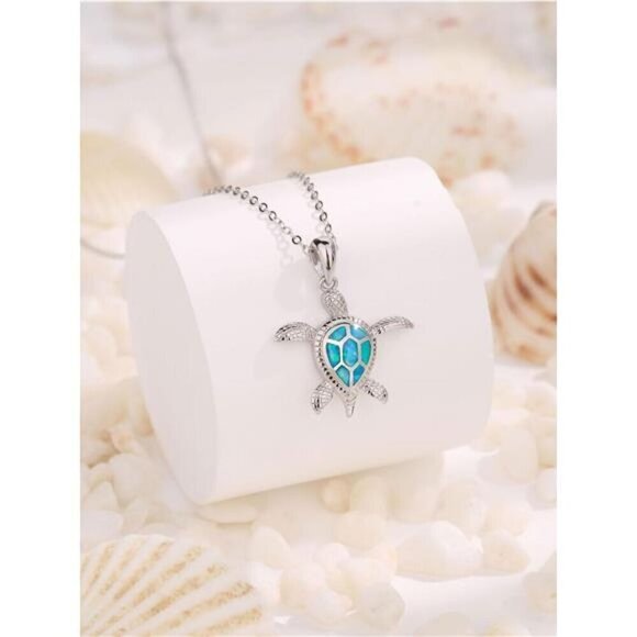 Turtle Necklace Earrings Set for Women Silver Opal Pendant Jewelry Fashion Pink - Picture 4 of 4
